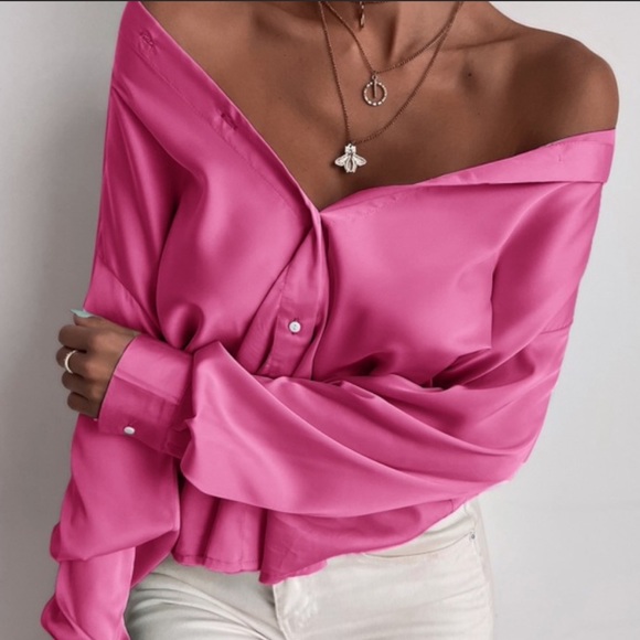 Satin boyfriend button down silky blouse hot pink - Picture 1 of 15